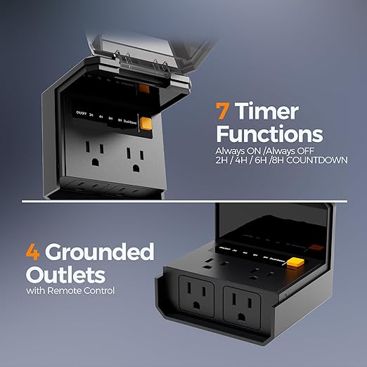 Outdoor Light Timer with Remote, TESSAN Timer Plug with 4 Outlets 100ft, Dusk to Down Countdown Sensor with Weatherproof Cover for Home, Garden