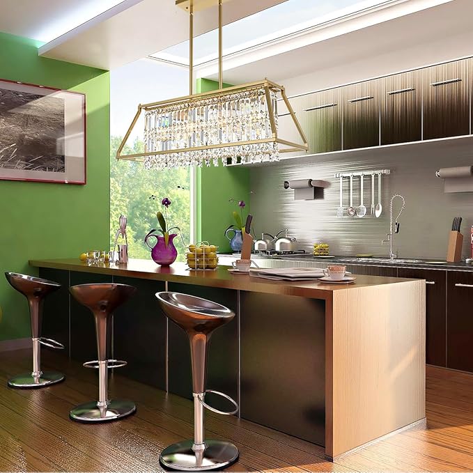 Crystal Chandelier Light for Dining Room, 4-Light Trapezoidal Industrial K9 Crystal Pendant Lights with Brushed Gold Metal Frame Pendant Lamp for Kitchen Island Living Room Entryway (Gold)