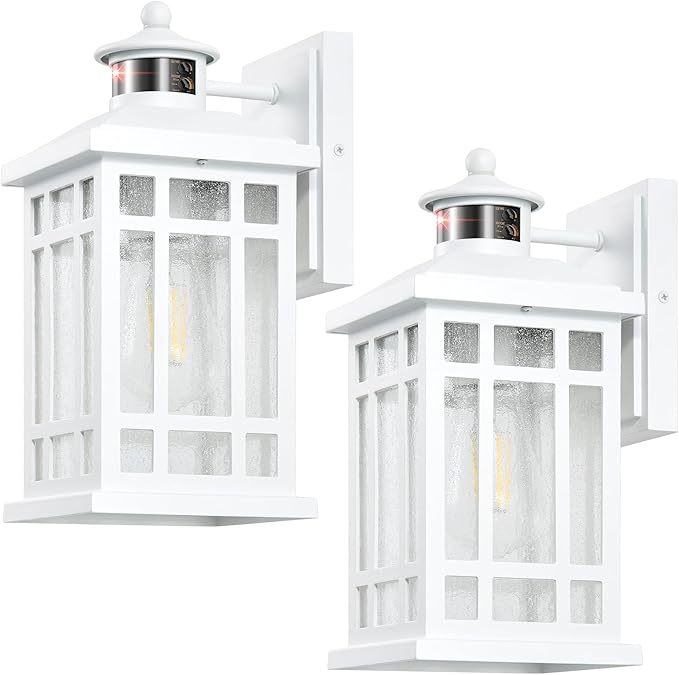 White Motion Sensor Outdoor Lights, 2-Pack Modern Dusk to Dawn Outside Light with 4 Modes, Exterior Lighting Fixtures for House, Entry, Porch, Patio, Garage, Brightness Distance Adjustable