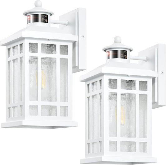 White Motion Sensor Outdoor Lights, 2-Pack Modern Dusk to Dawn Outside Light with 4 Modes, Exterior Lighting Fixtures for House, Entry, Porch, Patio, Garage, Brightness Distance Adjustable