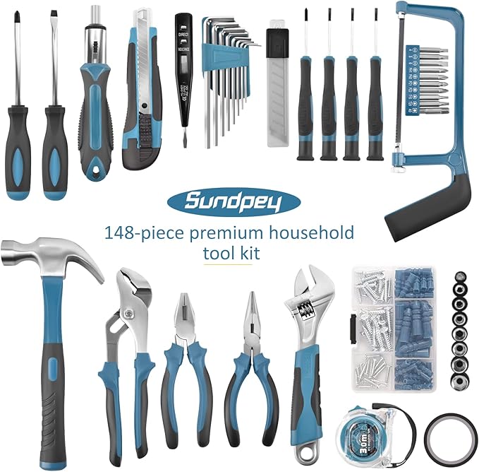 Sundpey Home Tool Kit 148-Pcs - Household Basic portable Hand Repair Tool Set with Case & Ratcheting Screwdriver & Hex Key & Pliers & Wrench & Voltage Tester & Water Pump Plier for Men Women