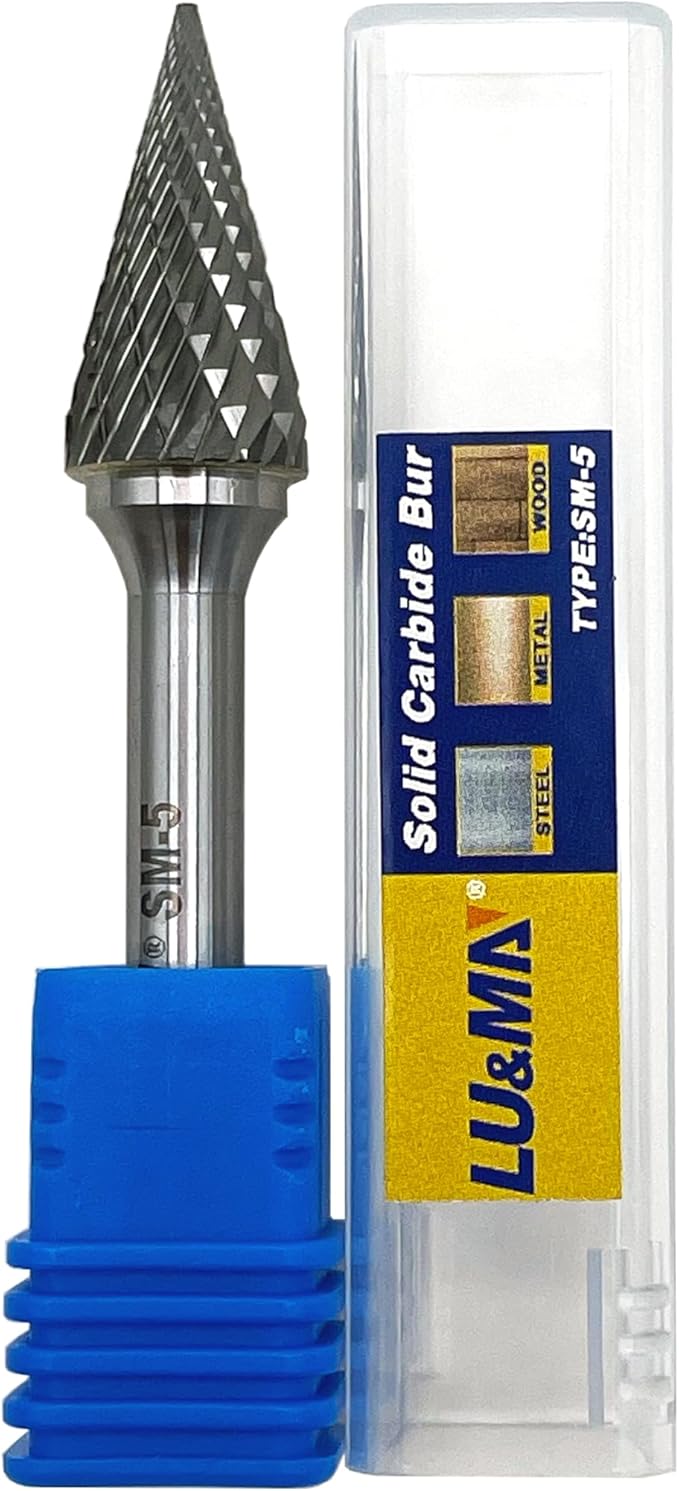 LU&MN SM-5 Tungsten Carbide Burr Rotary File 25 Degree Pointed Cone Shape Double Cut with 1/4''Shank for Die Grinder Drill Bit, 1/4'' Diameter of Shank, 1/2'' Diameter of Cutter 1'' Cutter Length