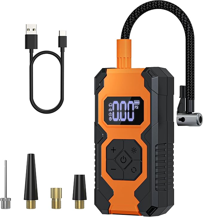Tire Inflator Portable Air Compressor,3X Faster Portable Air Pump for Car Tires with 7800mAh Battery,150PSI Cordless Air Pump with Digital Pressure Gauge for Cars,Bike &Motorcycle,Black+Orange