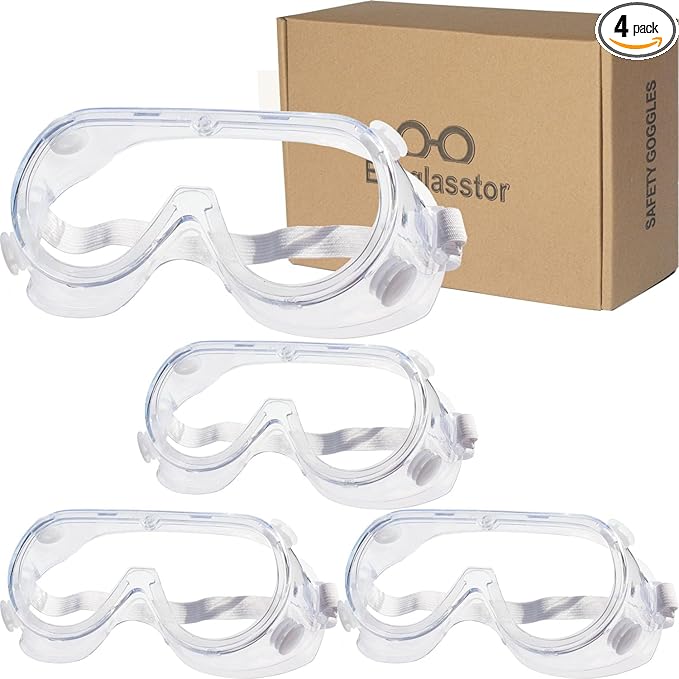 4 Pack Protective Safety Goggle for lab chemistry soft lightweight goggles over prescription glasses Anti-Splash worker construction Eye protection Science Onion Cutting and More White