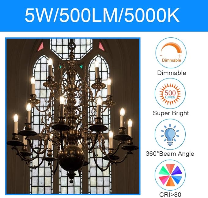 ENERGETIC SMARTER LIGHTING LED Candelabra Light Bulbs B10, Daylight 5000K, E12 Base, 60 Watt Equivalent Chandelier LED Edison Bulbs, Dimmable, 8 Pack