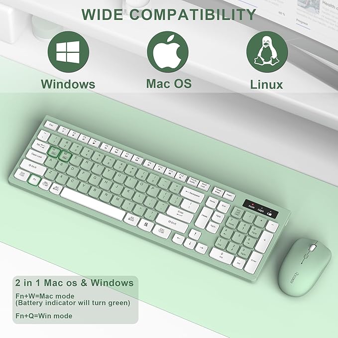 Wireless Keyboard and Mouse Combo, Full-Sized Wireless Keyboard and Adjustable DPI Mouse, 2.4GHz USB Receiver, Silent Keyboard and Mouse for PC, Windows, MAC, Desktop, Laptop (Avocado Green)