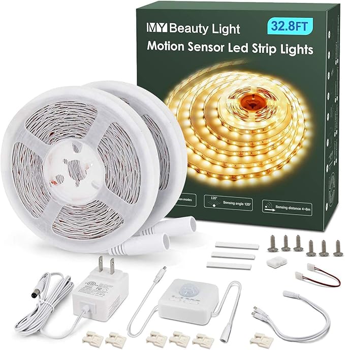 MY BEAUTY LIGHT Motion Activated LED Strip Lights, 32.8ft LED Light Strip with Day or Night 2 Lighting Modes,3 Timing Off Modes,Warm White 12v Plug-in LED Rope Lights for Under Cabinet,Kitchen,Stair
