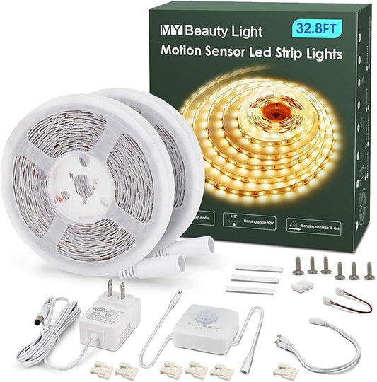 MY BEAUTY LIGHT Motion Activated LED Strip Lights, 32.8ft LED Light Strip with Day or Night 2 Lighting Modes,3 Timing Off Modes,Warm White 12v Plug-in LED Rope Lights for Under Cabinet,Kitchen,Stair