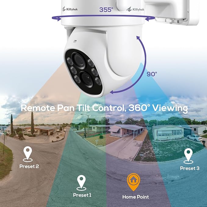 Kittyhok Wireless Security Camera System Outdoor with Monitor, 8pcs 2K Dual Lens PTZ Security Cameras, 10x Mixed Zoom, Auto Tracking, Human Detection, Spotlight | 10CH NVR with 10" Monitor, 500GB HDD