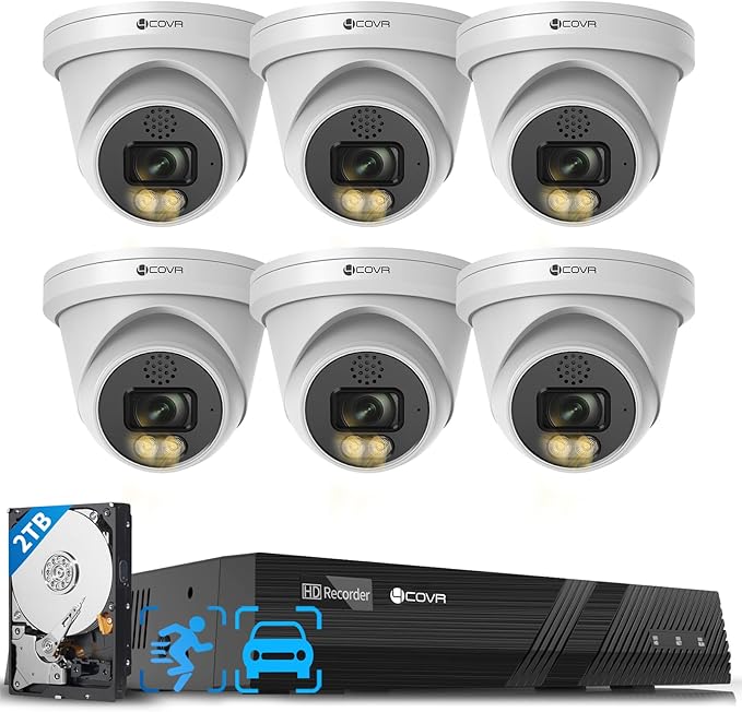 4COVR PoE Security Camera System 4K, 2 Way Audio Talk & Smart Color Night Vision, Smart Human/Vehicle Detection, 8CH 8MP NVR 2TB HDD, 6X 8MP Dome IP Camera IP67, 24/7 Recording, LY97KA8M0806