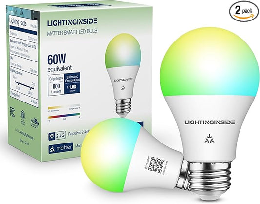 Matter Smart Light Bulbs Compatible with Alexa/Siri/Apple Home/Google Home/SmartThings, WiFi A19 E26 RGBCW Color Changing Light Bulb 800LM 9W 60W Equivalent, 2.4G WiFi, ETL Listed, 2PCS