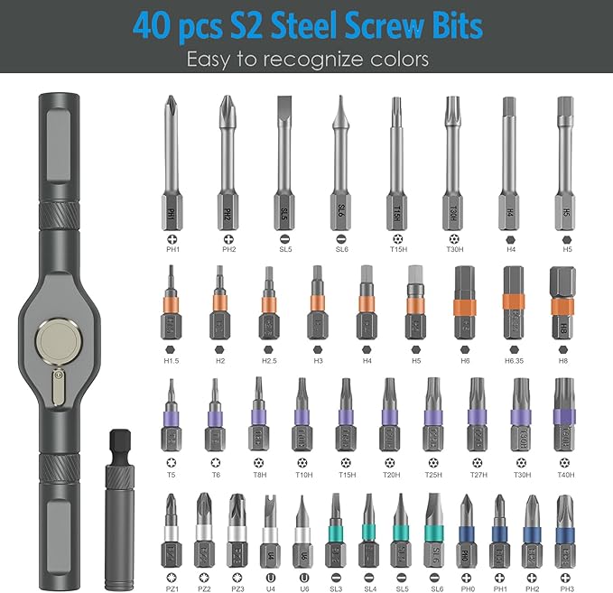 AMIR 42 in 1 Ratchet Screwdriver Kit with 40 PCS Magnetic Bits, Repair Screwdriver Set with Rotatable Ratchet Handle, Versatile Handle Screw Driver Set with Carry Case(Gray)