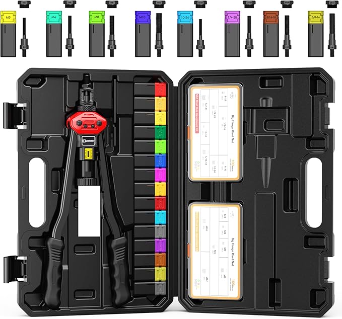 16" Rivet Nut Gun with Stroke Adjustment - 15 Metric and SAE Mandrels (M3-M12 & to 1/2") + 8 Extra Long - 200 Threaded Nuts (100 Each) in Storage Boxes - Portable Blow Molded Case
