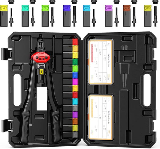 16" Rivet Nut Gun with Stroke Adjustment - 15 Metric and SAE Mandrels (M3-M12 & to 1/2") + 8 Extra Long - 200 Threaded Nuts (100 Each) in Storage Boxes - Portable Blow Molded Case