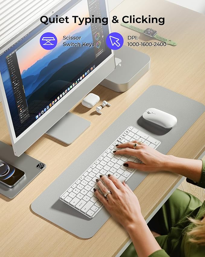 seenda Bluetooth Keyboard and Mouse for Mac, SKM64-2 Multi-Device Rechargeable Slim Wireless Keyboard Mouse Stainless Steel Full Size, Compatible with MacBook Pro/Air, iPad, Mac - White Silver