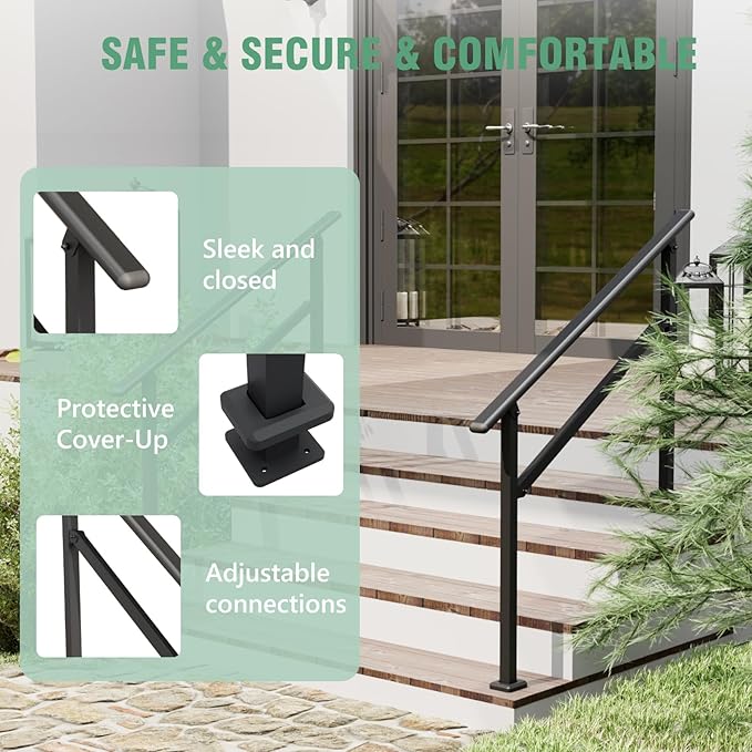 2 Pack Hand Rails for Outdoor Steps,3-4 Step Railing for Stairs,Adjustable Porch Railing,Hand Rails for Seniors,Outdoor Deck Handrails for Exterior Steps,Black