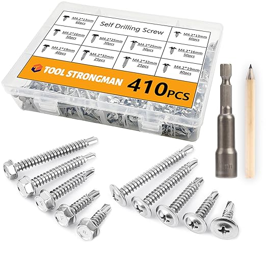 410 Stainless Steel #8Self Tapping Screws Assortment Kit 410PCS,Self Drilling Modified Truss Head & Hex Washer Head Sheet Metal TEK Screws 1/2" to 1-1/4'' (1, Silver, Hex Head & Truss Head 410 pcs)