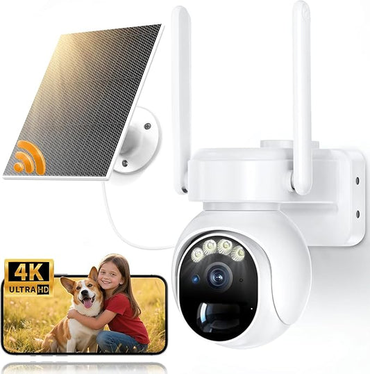 Solar Security Cameras Wireless Outdoor -4K WiFi Cameras for Home Security with Solar/Battery Powered,360° PTZ Outdoor Camera, Color Night Vision,PIR Human Detection, 2-Way Audio, Motion Alert, IP66