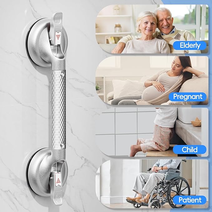 17 Inch Upgrade Strong Suction Grab Bars for Bathtubs and Showers, Seniors Handles for Elderly Handicap Safety Handrail for Bathroom Toilet Tiles Glass Silver