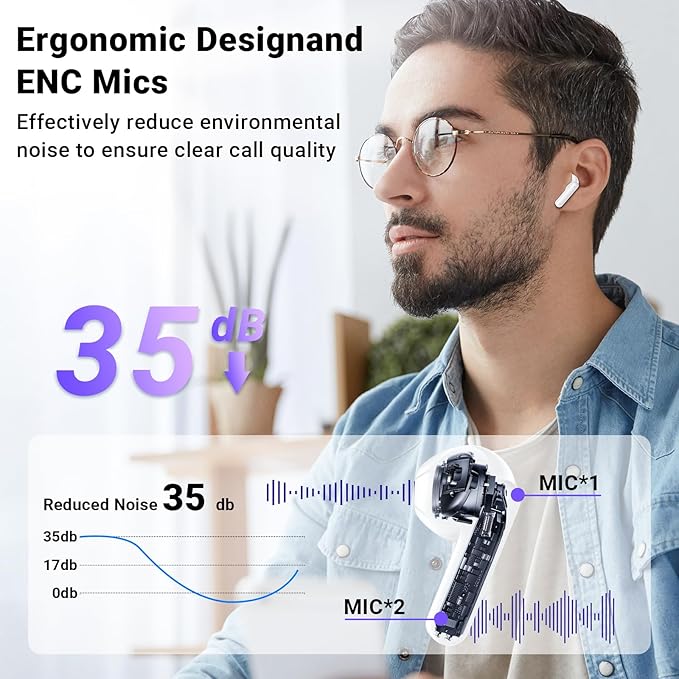 Wireless Earbuds, Bluetooth 5.4 Headphones with 42H Ultralight Ear Buds,Bluetooth Earbuds with 4 ENC Noise Cancelling Mics, HiFi Deep Bass Dual LED Display USB-C, Waterproof Earphones for Android iOS