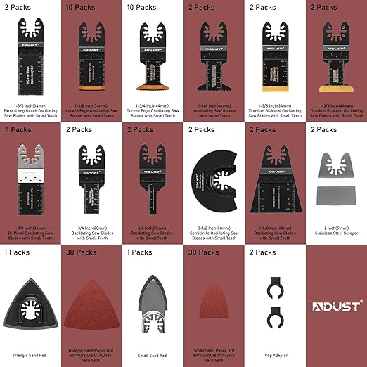 Adust 106 Pack Oscillating Saw Blades with Case, Universal Multitool Blades, Oscillating Tool Blade, Curved Blade/Extra Long/Titanium/Bi-Metal for Wood/Metal/Plastic Fit Dewalt Milwaukee Ryobi