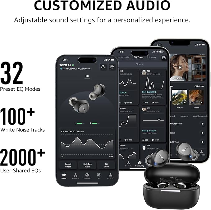 TOZO A1 Wireless Earbuds Bluetooth 5.3 Light Weight in Ear IPX5 Waterproof Headphones 2 Mic for AI Calls, Immersive Premium Sound Bass Headset with Charging Case, 32 Presets EQ Customization via App