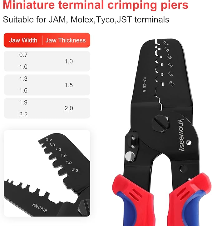 Knoweasy JST Crimper and Micro Open Barrel Crimping Tool - Works on AWG28-20 (0.08-0.5mm²) JAM, Molex, Tyco, JST Terminals and Connectors for FPV, Drone Servo Medel KN-2818
