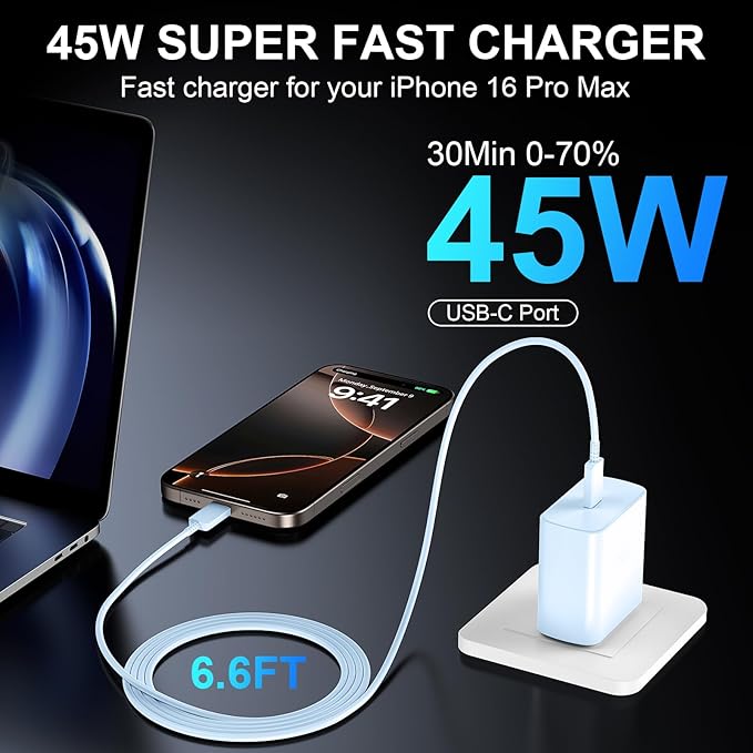 Phone 16 Pro Max Charger Fast Charging, 45W USB C Phone 16 Super Fast Charger Block with 6.6ft Long Type C Charging Cable Cord for Phone 16/16 Pro/16 Pro Max/16 Plus, 15/15 ProMax/Pro/Plus-2pack Blue