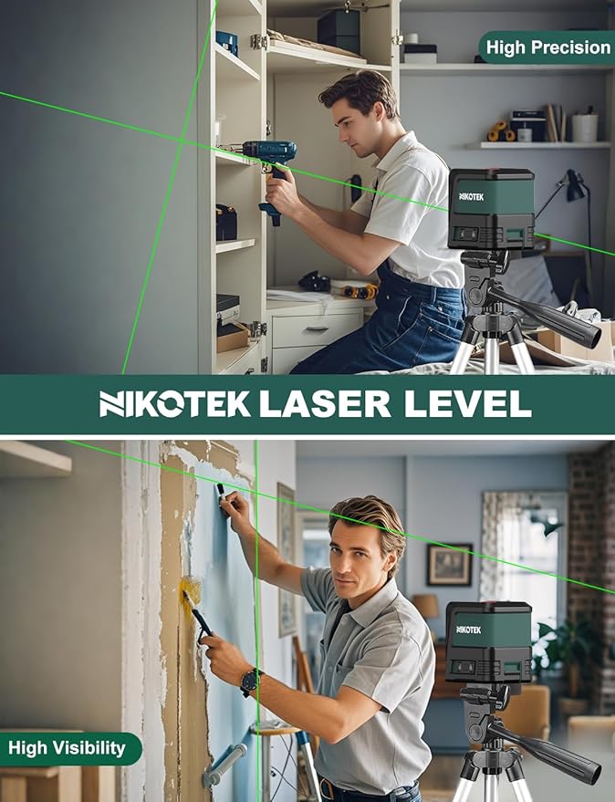 Laser Level, Self-leveling Green Line Laser With Horizontal and Vertical Lines for Construction and Picture Hanging, Battery Included (NK02G With 26 inch Tripod)
