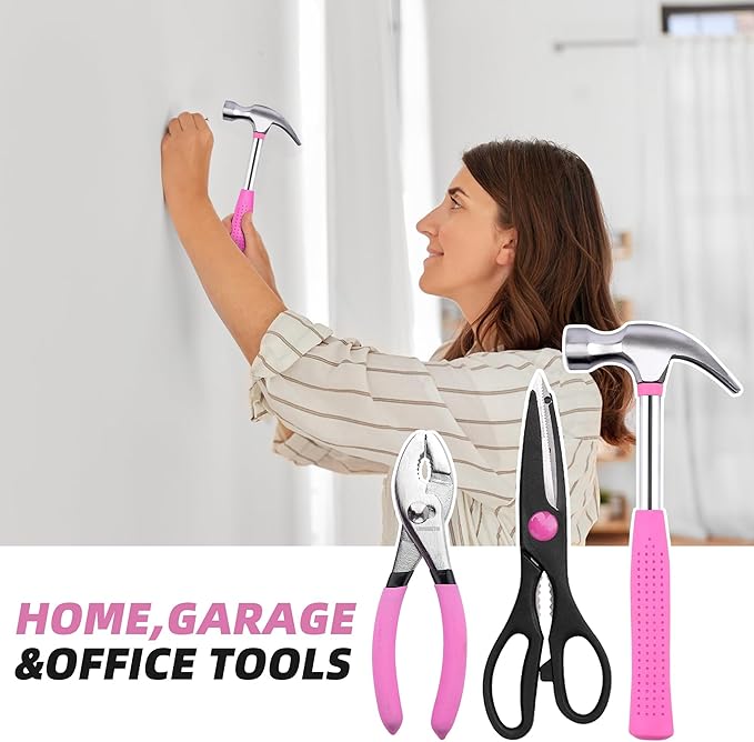 40-Piece Home Tool Kit with Easy Carrying Box, Small Basic Hand Tool Set Perfect for DIY Building, Home Maintenance and Woodworking, Great for College Students - PINK