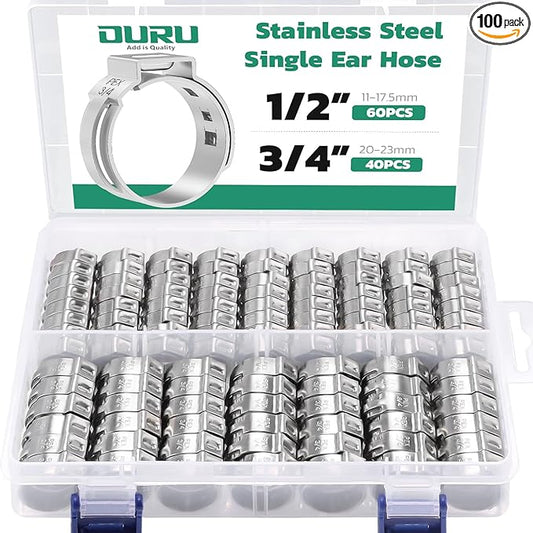 100PCS Pex Crimp Rings Assortment,304 Stainless Steel Pex Clamps 1/2",3/4" Single Ear Hose Clamps,Pex Cinch Clamps for Pex Fittings Pipe Tubing