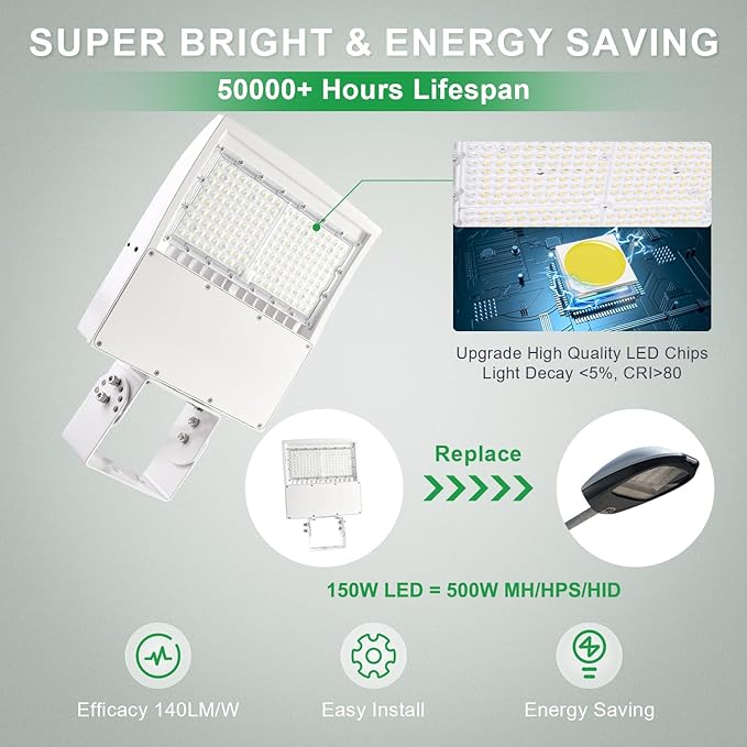 480V 150W LED Parking Lot Light, 5000K 21000LM(140lm/w) LED Shoebox Area Light - Yoke Mount, Dimmable Commercial Street Lighting, Surge Protection Built-in, AC277-480V UL DLC Listed