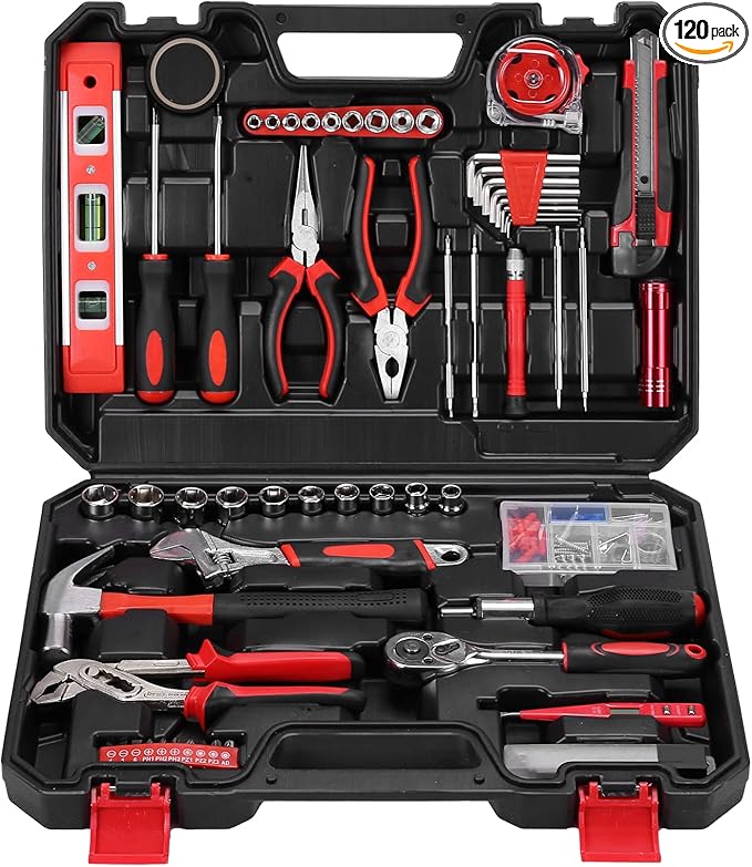 Yougfin 120 Piece Tool Set General Household Hand Kit with Plastic Toolbox Storage Case Red & Black
