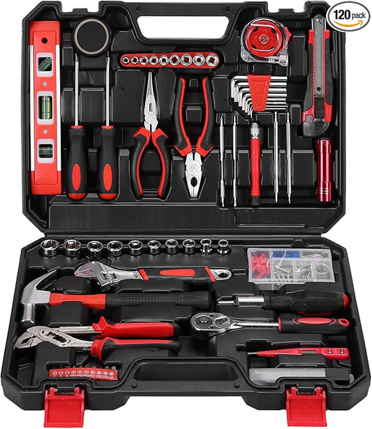 Yougfin 120 Piece Tool Set General Household Hand Kit with Plastic Toolbox Storage Case Red & Black