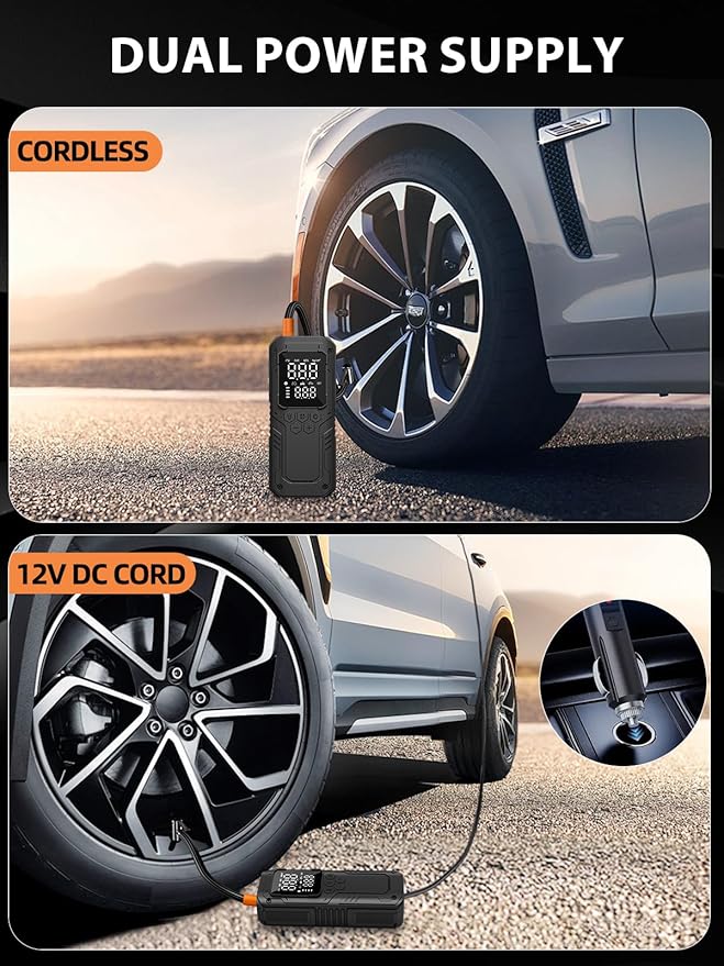 AIRSURE Tire Inflator Portable Air Compressor, 5X Faster Air Pump for Car Tires with Powerful Battery, 12V DC & Autostop, 150PSI Cordless Tire Pump for Car, Motorcycle, Bike, Balls