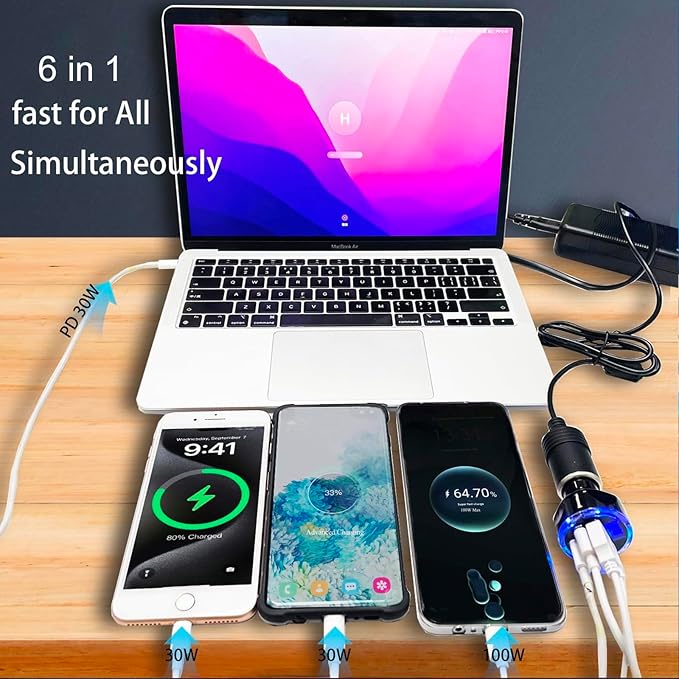 Multi Port USB C Car Charger Adapter with Voltage Display PD 30W 6 Ports Super Fast Charging Cigarette Lighter Adapter with Volt Meter 2 USB-C for MacBook iPhone 16/15/14/13/12 Galaxy Android Phones