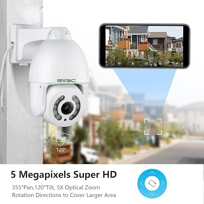 SV3C 5MP PTZ Outdoor Camera, ONVIF POE IP Home Security Camera, 5X Optical Zoom Auto Tracking, Super HD10 Spotlights Color Night Vision, Two Way Audio, Waterproof, Motion Detection, BuleIris, Camhipro