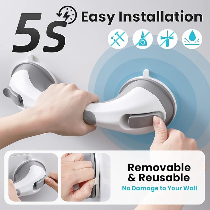 TAILI Shower Grab Bar Glow in The Dark, 2 Pack 12.2 in Grab Bars for Bathtubs and Showers,Shower Handles Shower Rails for Seniors and Elderly,Bathroom Safety Grip Removable No Drilling Waterproof Grey