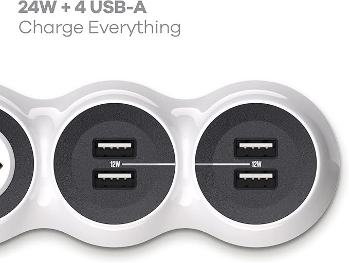 360 Electrical PowerCurve Power Strip, Braided Extension Cord with 4 Rotating Outlets and 4 USB-A Ports, Outlet Extender 5 ft, Surge Protector Power Strip with USB Ports, White