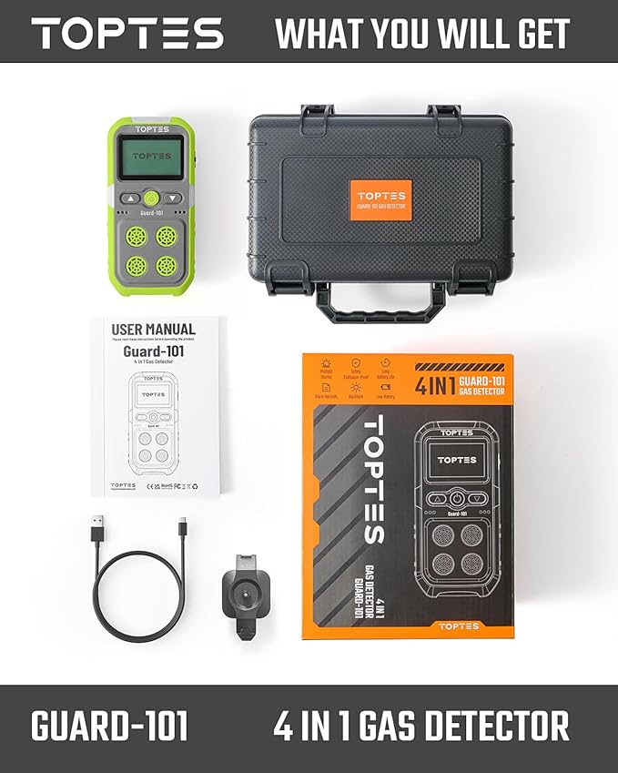 Guard-101 4 Gas Monitor Multi Detector for H2S, CO, LEL, and O2, with Vibration, Visual, and Audible Alarms, 14h Long Battery Life, Safety Explosion-Proof, for Work, Home - Green