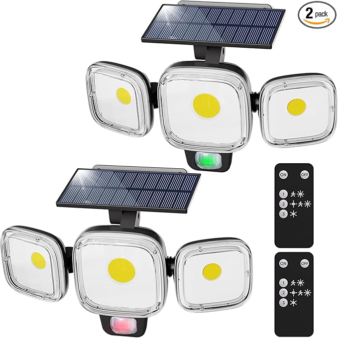 CINOTON Solar Motion Sensor Outdoor Lights, 3 Modes LED Security Flood Light with Remote Control, IP65 Waterproof Solar Powered Outside Wall Lighting for Garden Patio Garage Yard Entryway Black 2 Pack