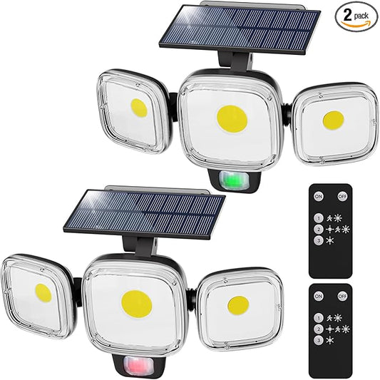 CINOTON Solar Motion Sensor Outdoor Lights, 3 Modes LED Security Flood Light with Remote Control, IP65 Waterproof Solar Powered Outside Wall Lighting for Garden Patio Garage Yard Entryway Black 2 Pack