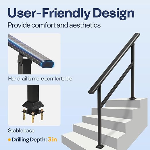 VIVOHOME 2-Pack 5 Step Hand Rails for Outdoor Steps, Galvanized Steel Railing, Black Oval Exterior Hand Railing for Porch, Deck, or Indoor Stairs, Railing Kit