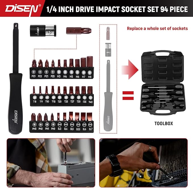 DISEN 94 PCS 1/4" Drive Impact Socket Set, Shallow & Deep Socket SAE(5/32"-9/16") & Metric(4-15mm), Torx Screwdriver Bit Set, 72T Ratchet Wrench Handle, CRV Tool Set with Adapter, Automotive Repair