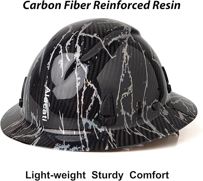 Carbon Fiber Hard Hat Full Brim with Goggles- Safety Helmet with 6-Point Adjustable Ratchet Suspension- ANSI Z89.1 Compliant