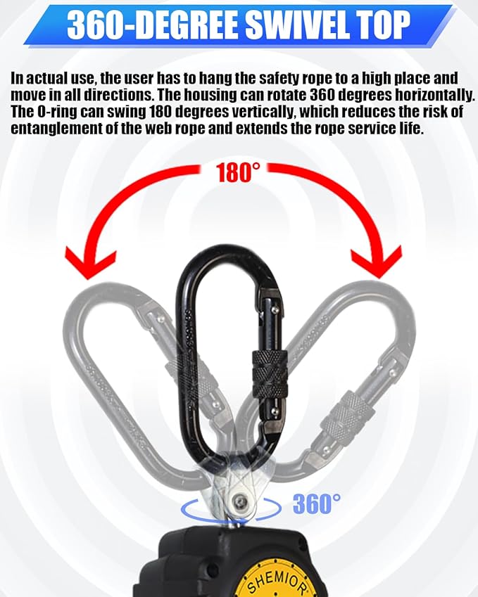 6FT Self Retracting Lifeline, Swivel Top Lightweight Housing Shemior Web SRL ANSI Self Retractable Safety Lanyard, Fall Arrest Protection Gear for Roofing Construction, Rebar Hook