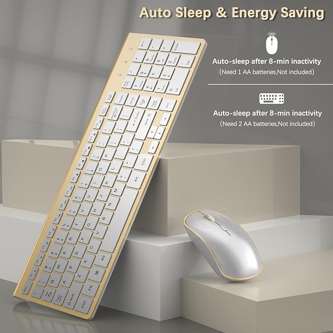 J JOYACCESS Wireless Keyboard and Mouse Combo, Ergonomic and Quiet Wireless Keyboard and Mouse Set, Portable and Customizable DPI for Laptop, Computer and PC(Gold Silver)