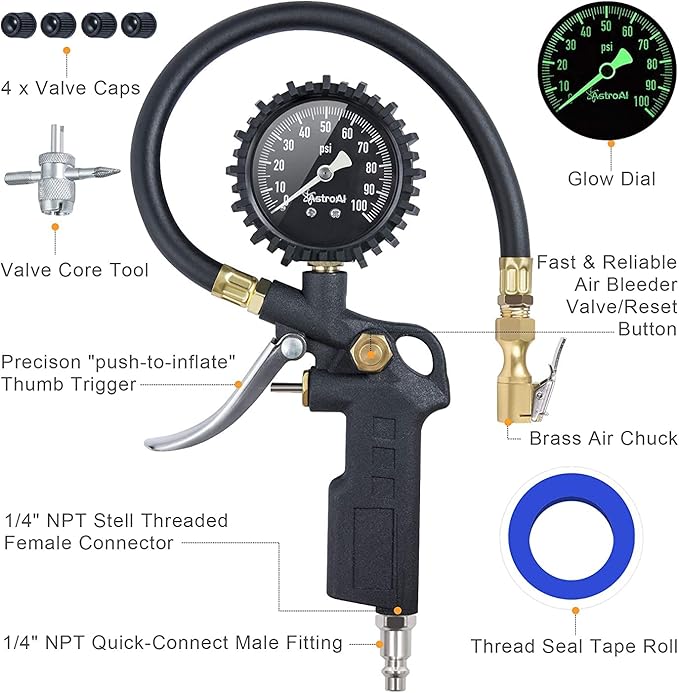 AstroAI Tire Pressure Gauge with Inflator, 100 PSI-ANSI B40.1 Accurate, Large 2.5" Easy Read Glow Dial, Heavy Duty Air Chuck and Compressor Accessories with Rubber Hose and Quick Connect Coupler