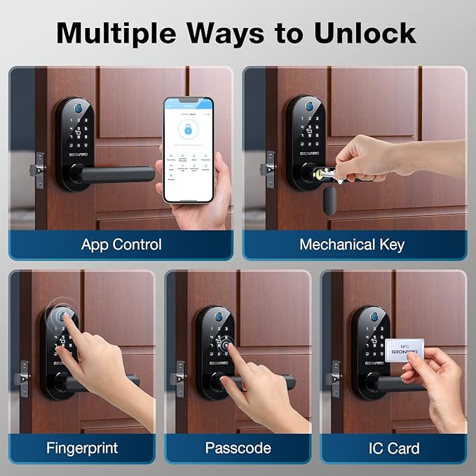 GEONFINO Smart Door Lock 6-in-1 Fingerprint Door Lock with Anti-Peeping, Black Keyless Door Lock with Biometric Handle for Home