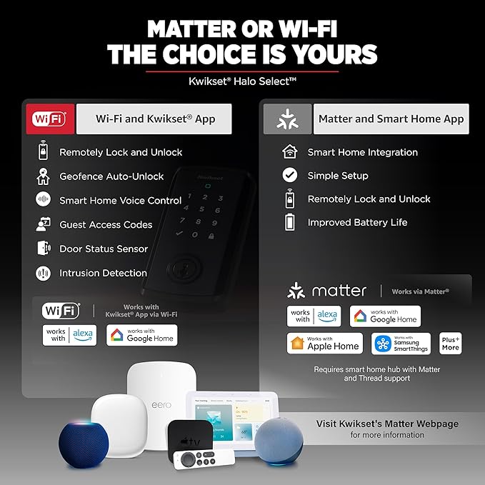 Kwikset Halo Select Smart Lock Keyless Entry Door Lock Wi-Fi and Matter Enabled Deadbolt No Hub Needed, Geofence Auto-Unlock, Grade AAA Certified, Easy Install, Satin Nickel Lifetime Finish Warranty